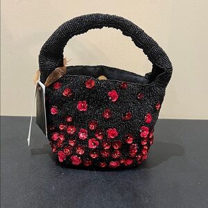 From India To You | Mini Black Beaded Bag w/ Floral Accents